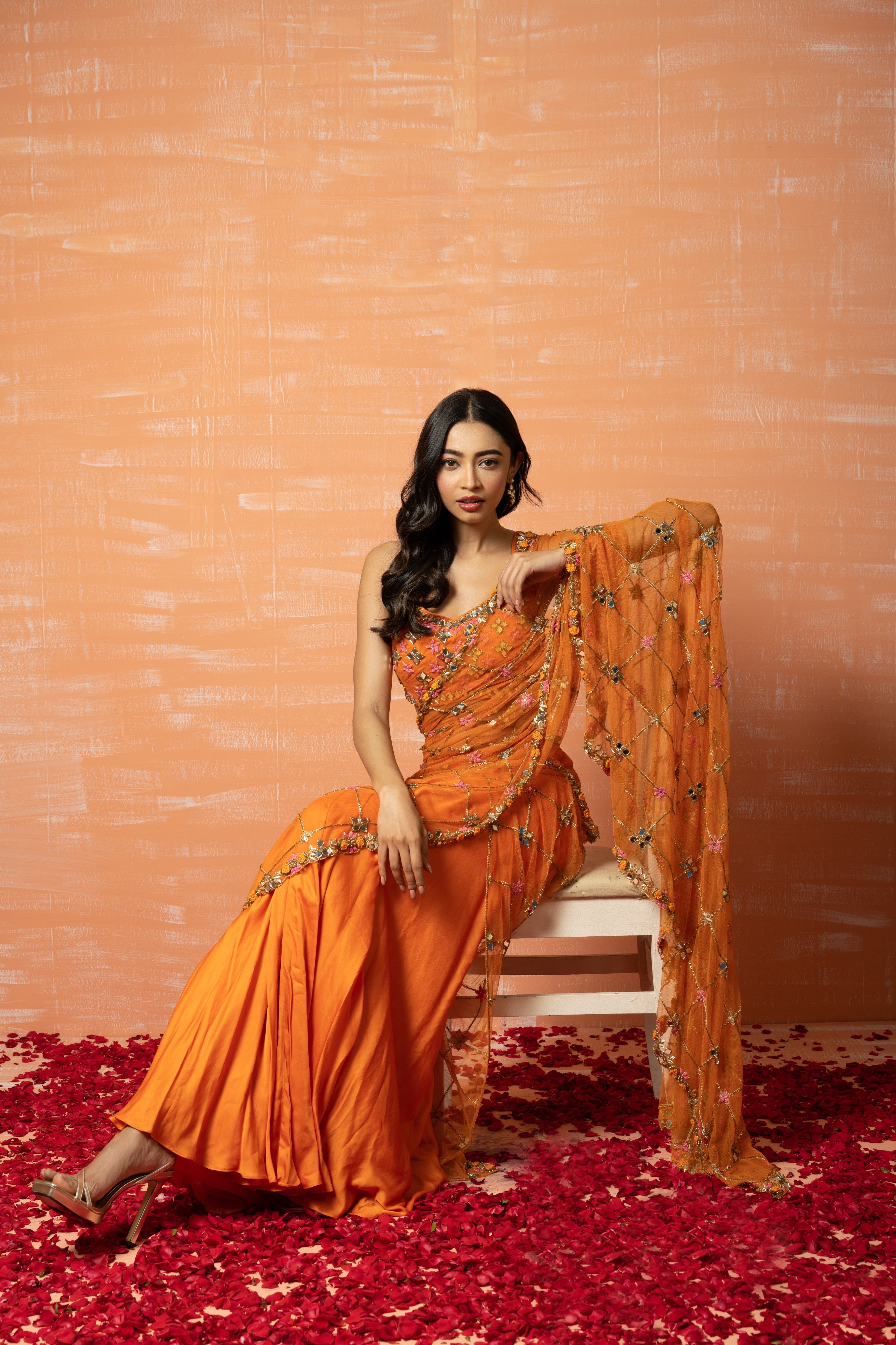 Elegant orange saree in soft net and georgette with intricate hand embroidery.