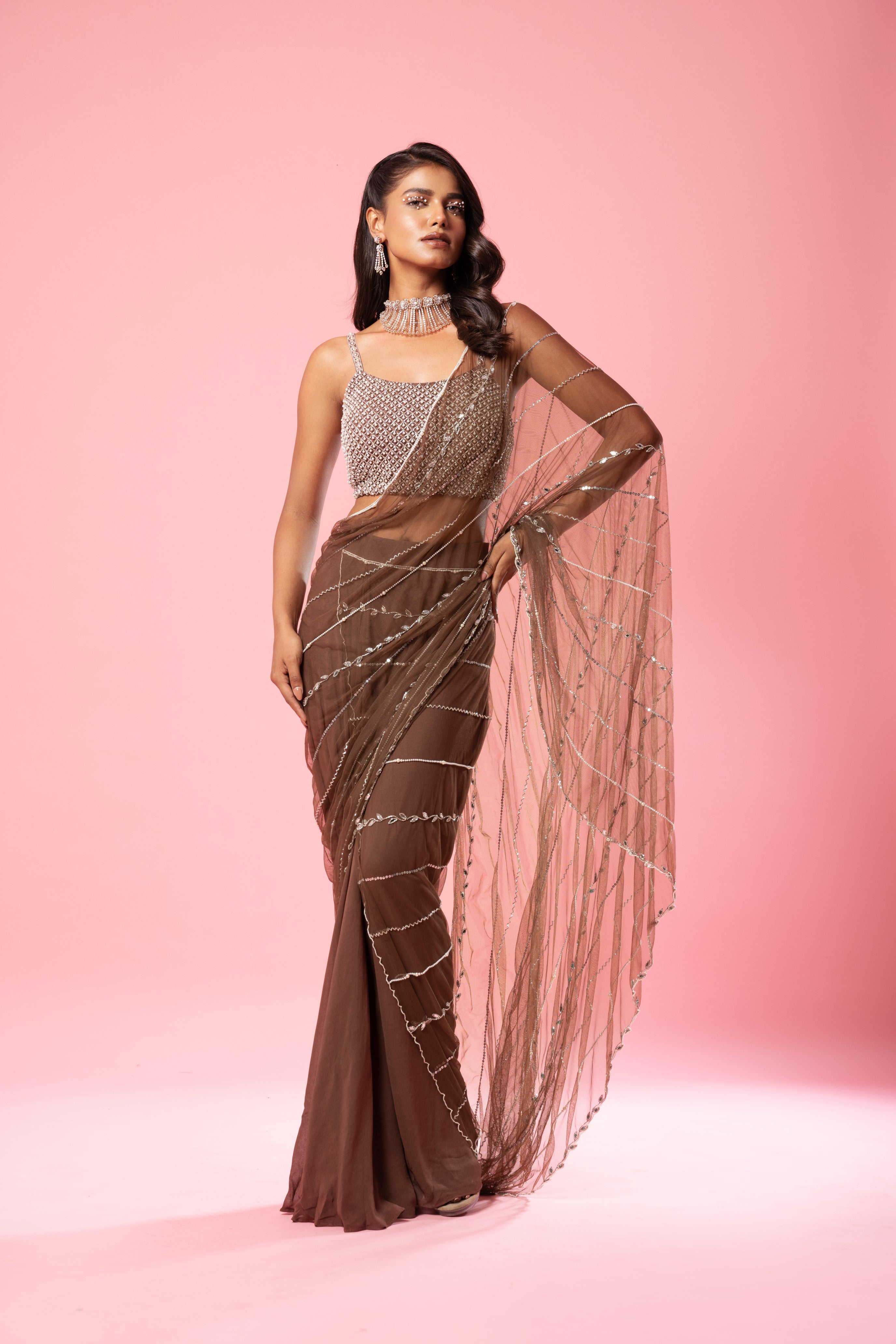 Coffee brown saree with hand-embroidered blouse and pallu.