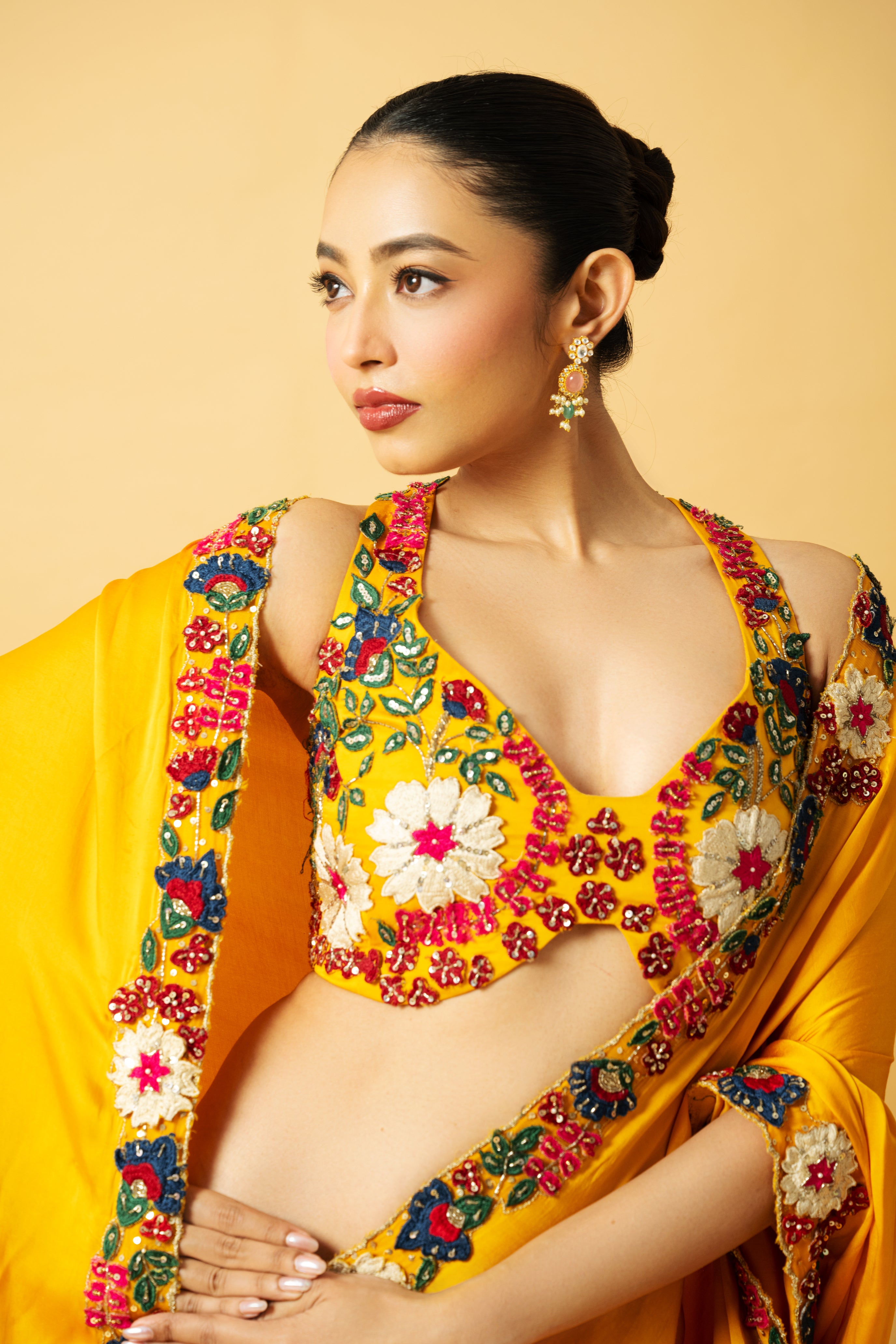 Golden yellow saree with multi-colored 3D hand embroidery.