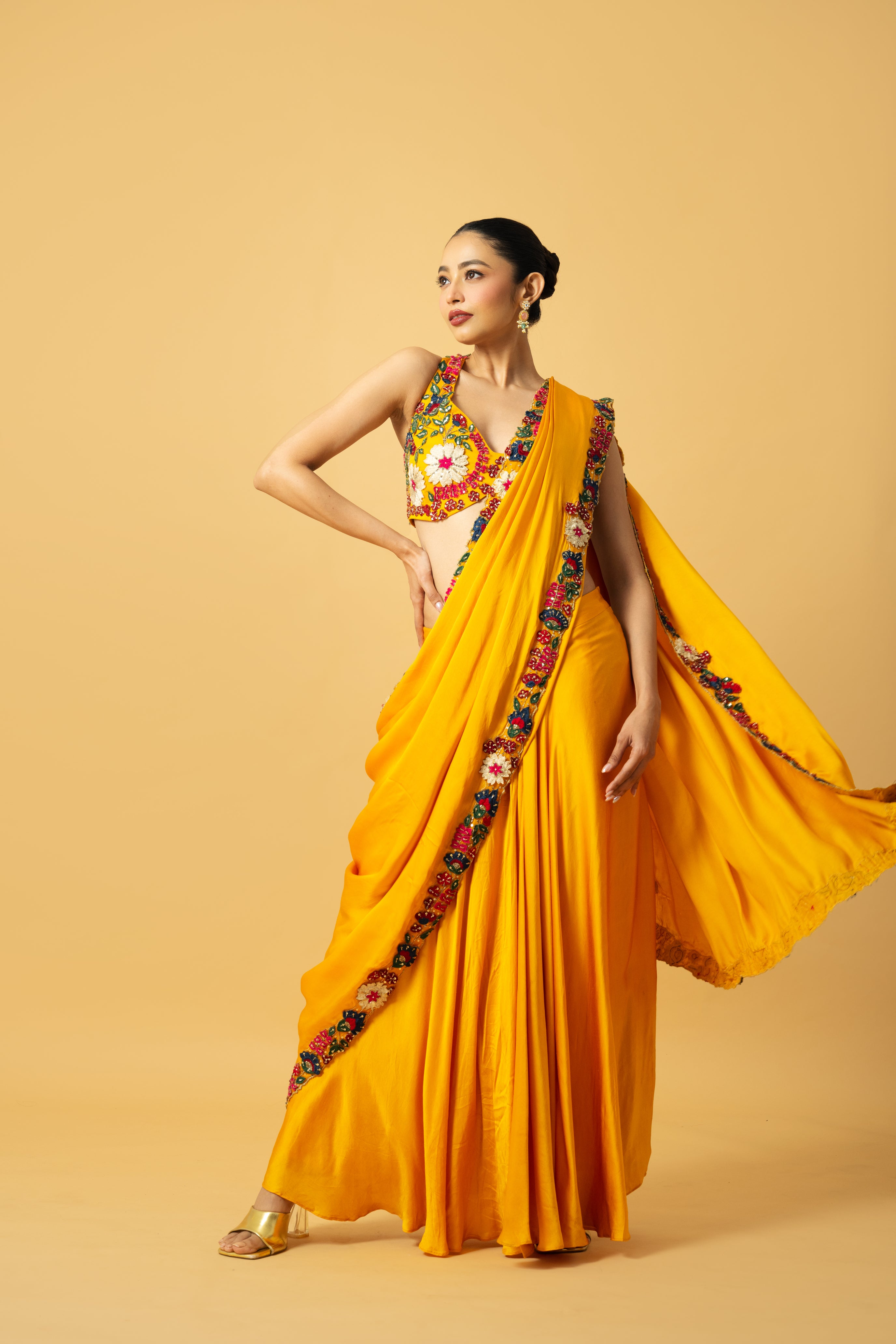 Golden yellow saree with multi-colored 3D hand embroidery.